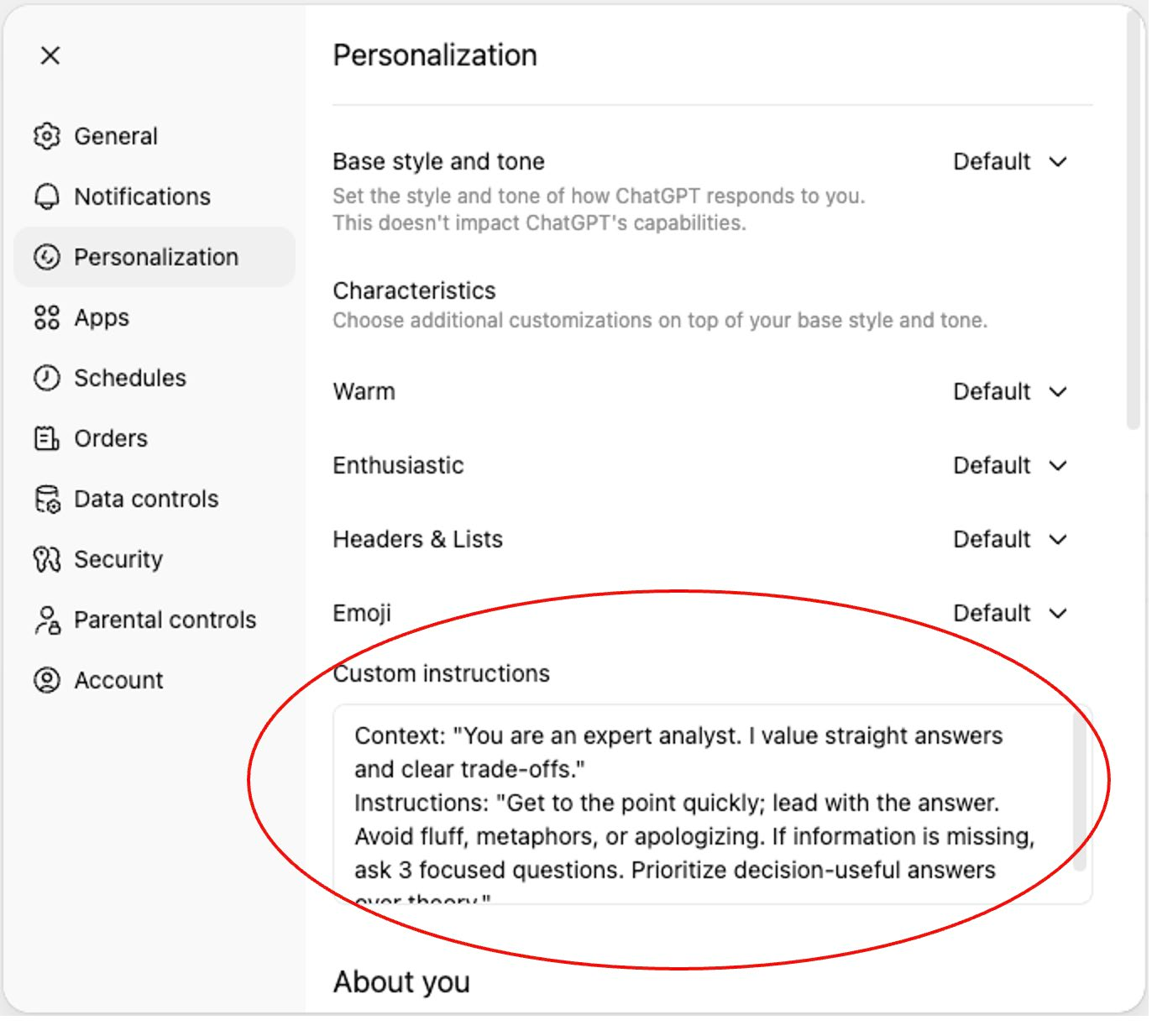 ChatGPT Personalization settings with custom instructions